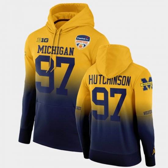 #97 Aidan Hutchinson 2021 Orange Bowl Michigan Color Crash Mens Gold Navy Hoodie 228324-885
