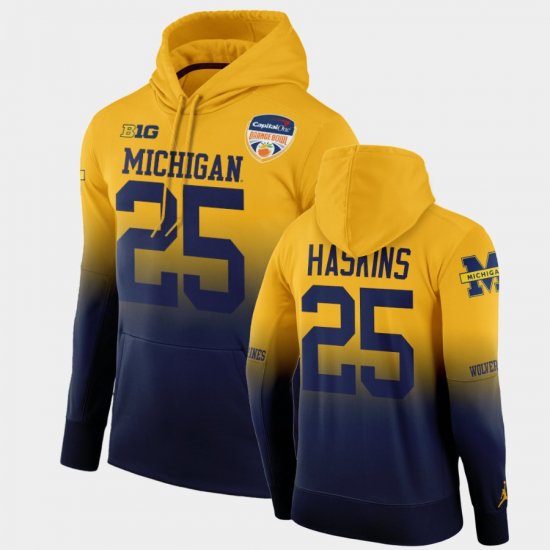 #25 Hassan Haskins 2021 Orange Bowl Michigan Wolverines Color Crash Mens Gold Navy Hoodie 657616-860