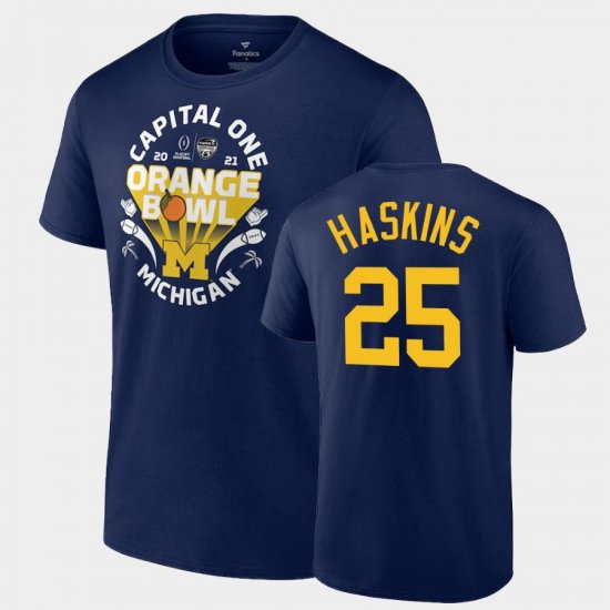 #25 Hassan Haskins 2021 Orange Bowl Michigan CFP Men\'s Navy T-Shirt 319390-500