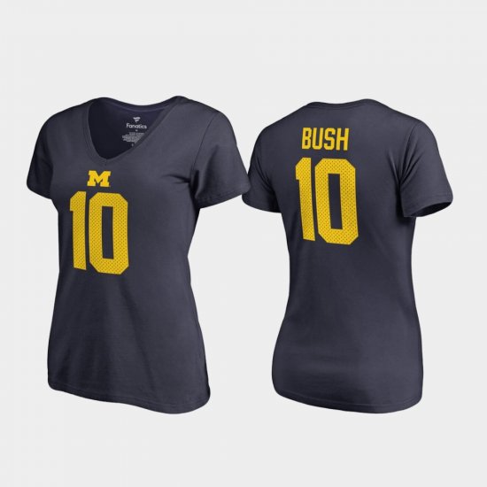 #10 Devin Bush College Legends Michigan Wolverines V-Neck Name & Number Womens Navy T-Shirt 876117-610
