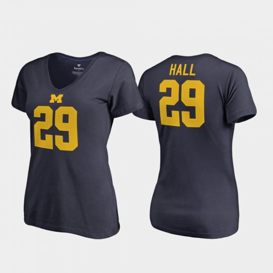 #29 Leon Hall College Legends Michigan Wolverines V-Neck Women Navy T-Shirt 590372-387